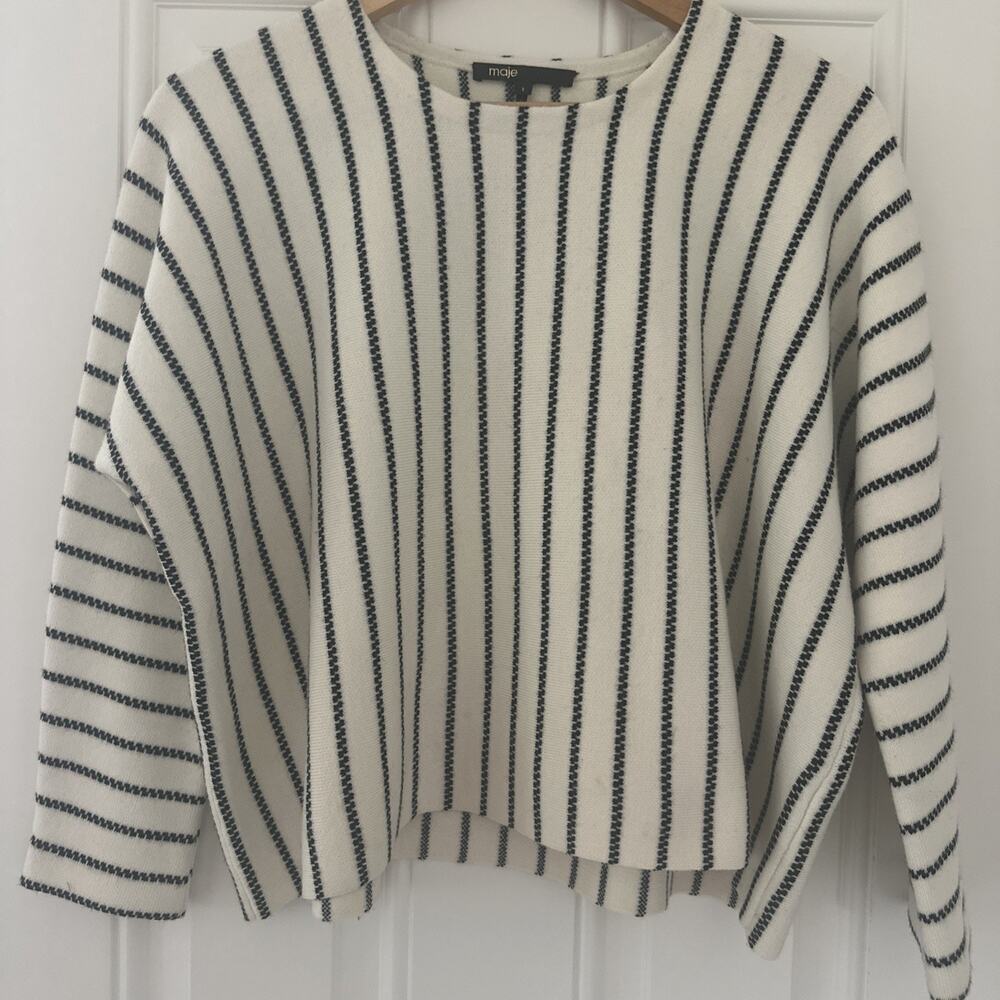 Maje Women Pullover Long Sleeve Cropped‎ Sweater 1 Cream Black Stripe Wool Blend